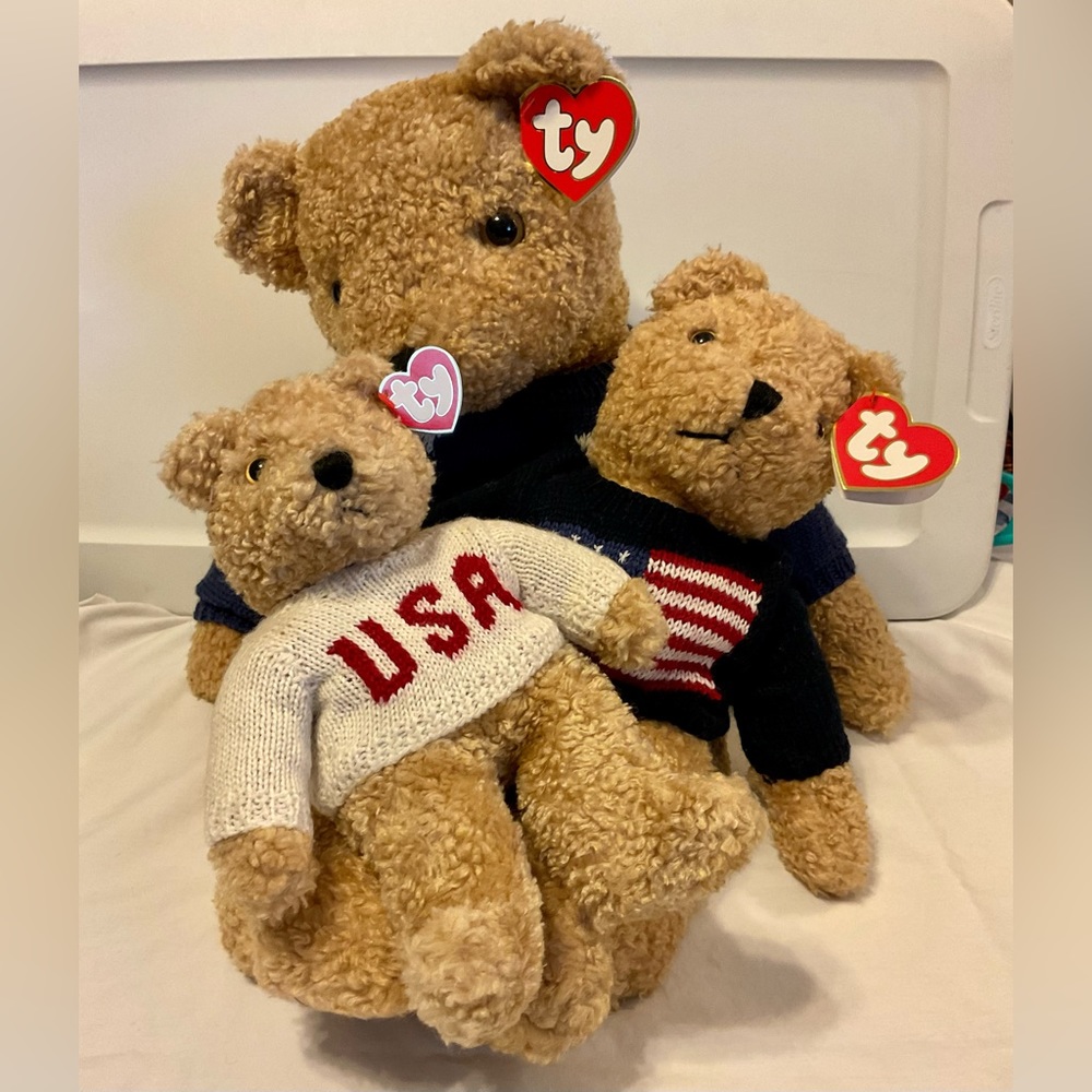 Ty Curly America 🇺🇸 USA teddy bear🧸set Large Curly, Curly & Baby Curly Patriotic
